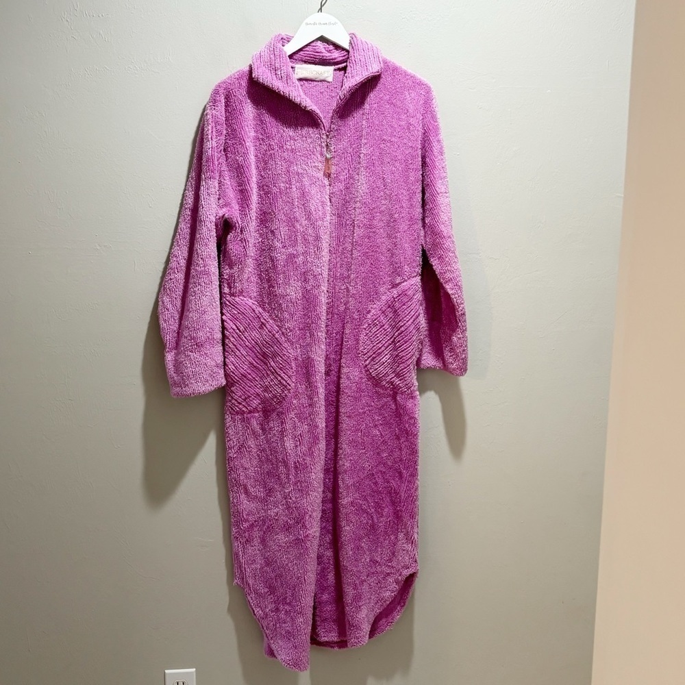 Vintage HERBCRAFT Women’s Rose Pink Chenille 1/2 Zip Full Length Robe Pockets M